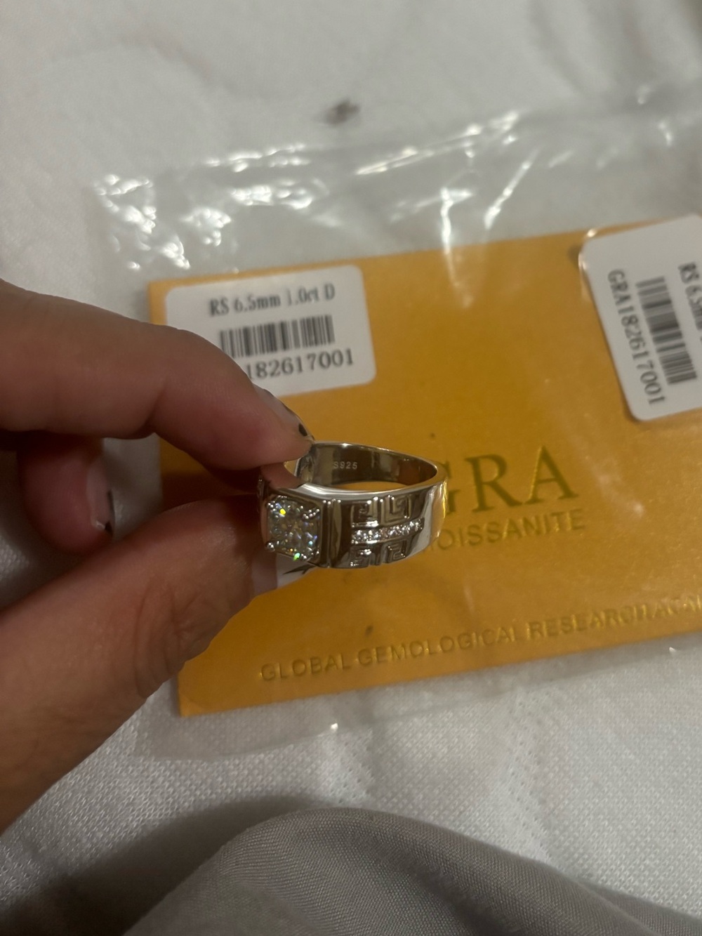 Men's Sterling Silver Tone Ring with Center Moissanite- Silver Size 8